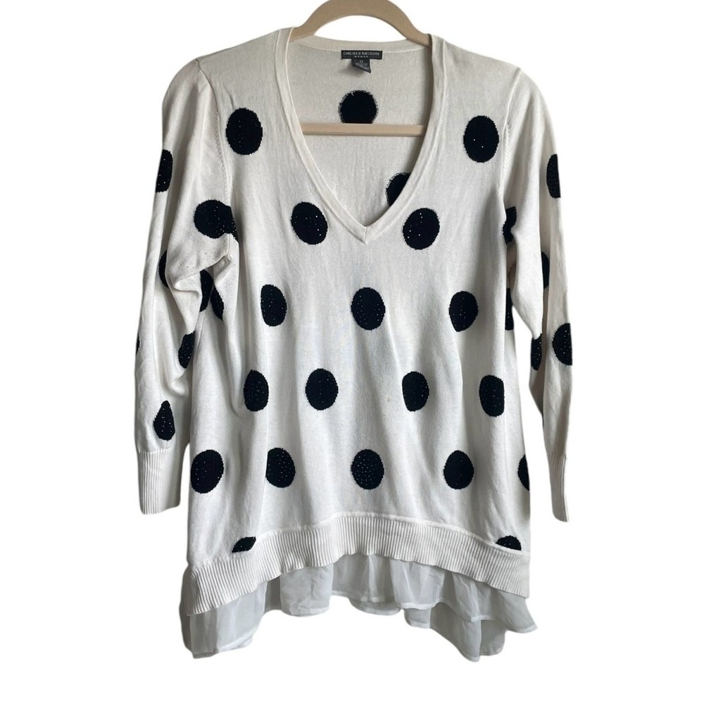 Chelsea & Theodore Women Sweater 2X Cream Polka‎ Dot Beaded Mixed Media Tunic